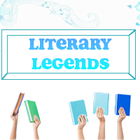 Literary Legends written encased in a box with five hands holding up books beneath the words. 